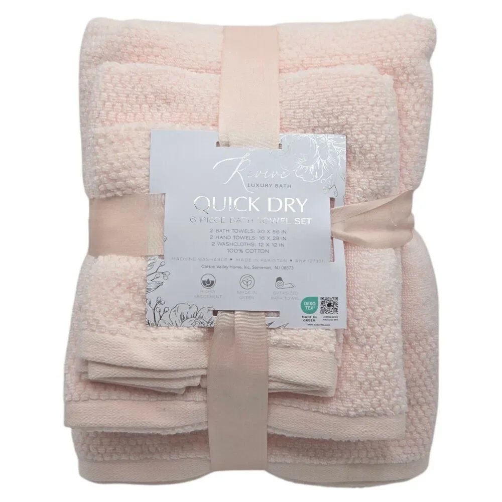 Revive Luxury Bath 6pc Pink Cotton Towel Set Zero Twist 2Bath 2Hand 2Washcloths‎